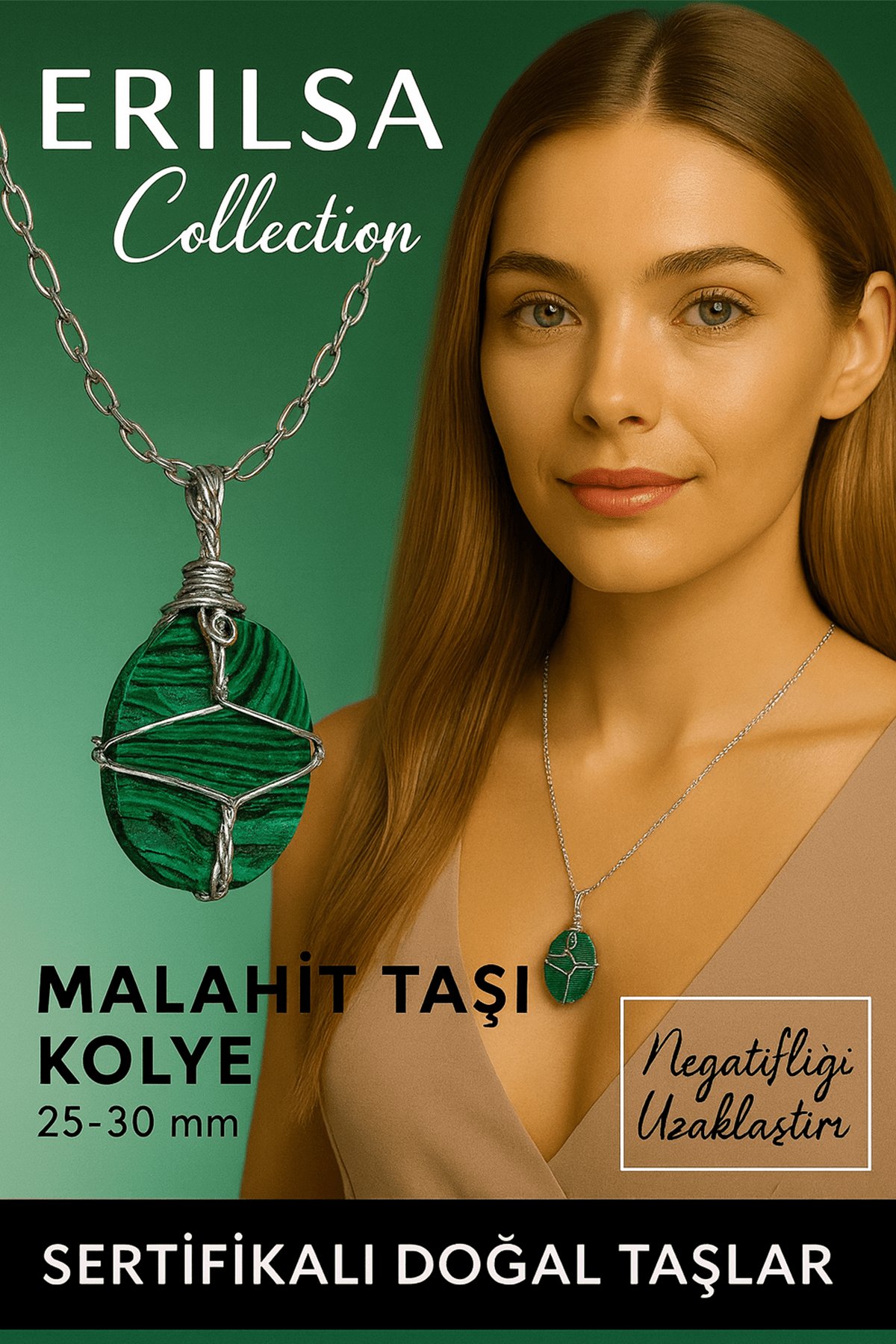 Sertifikalı Gümüş Tel Sargılı Doğal Malakit Taşı Kolye – 20-25 mm Koruma ve Dönüşüm Taşı