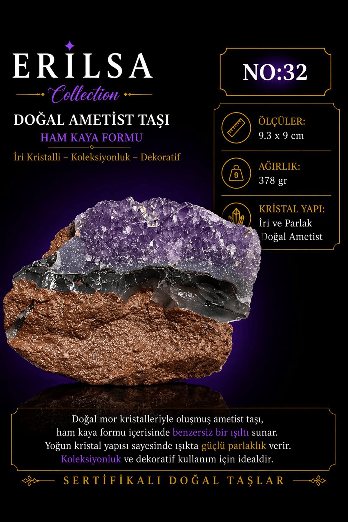 Sertifikalı Doğal Ametist Taşı Kütle İri Kristalli Ham Kaya Dekoratif Koleksiyonluk NO32