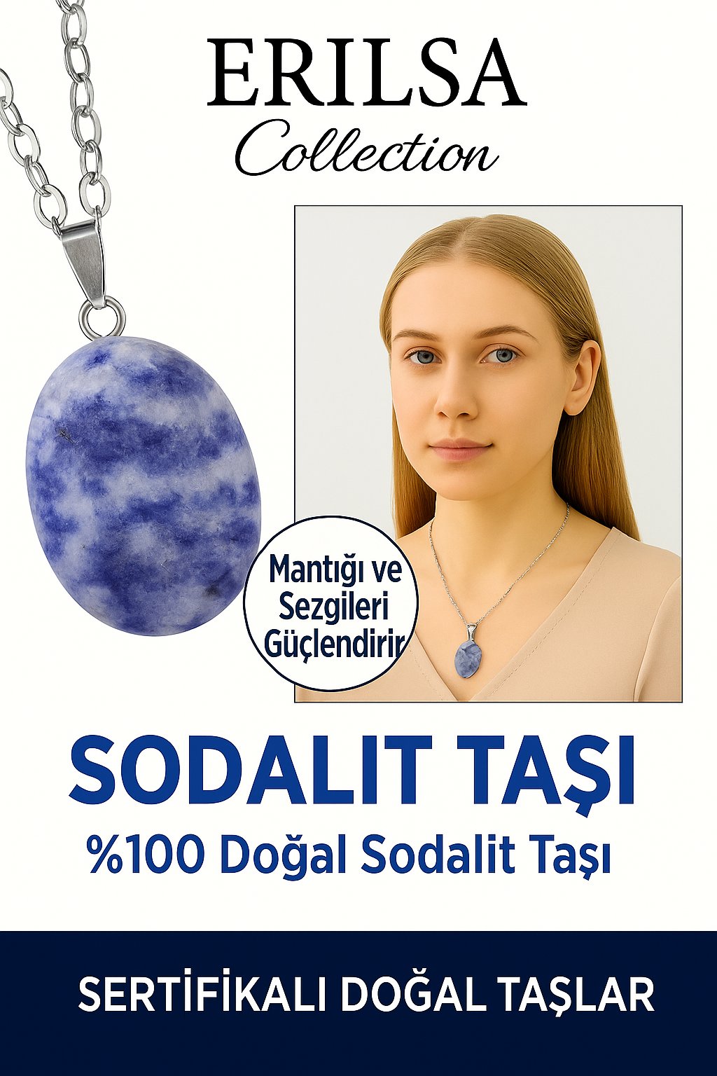 Sertifikalı Oval Sodalit Taşı Kolye – İfade Gücü, Zihinsel Berraklık ve İçsel Denge Taşı