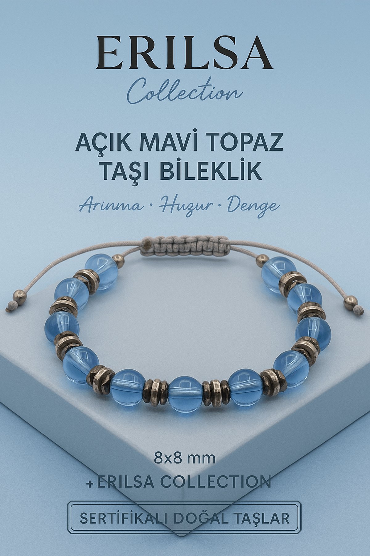 Sertifikalı Açık Mavi Topaz Doğal Taş Bileklik - 8x8 mm Sakinlik Netlik ve Güven Enerjisi Taşı