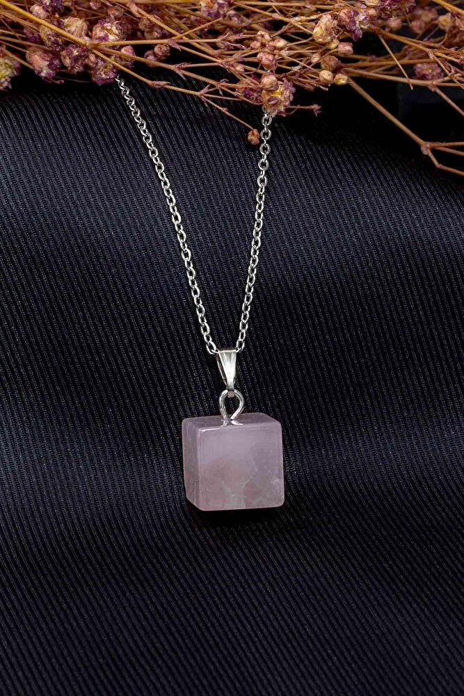 Sertifikalı Küp Kesim Pembe Kuvars Taşı Doğal Taş Kolye