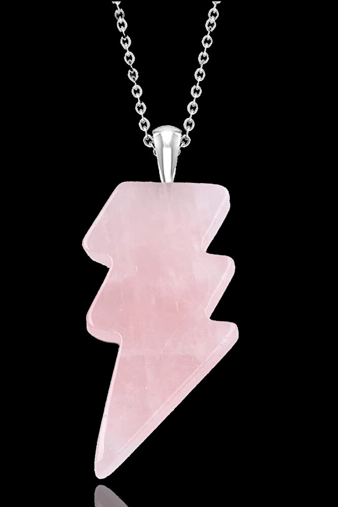 Sertifikalı Şimşek Model Pembe Kuvars Taşı Kolye - Aaa+ Kalite
