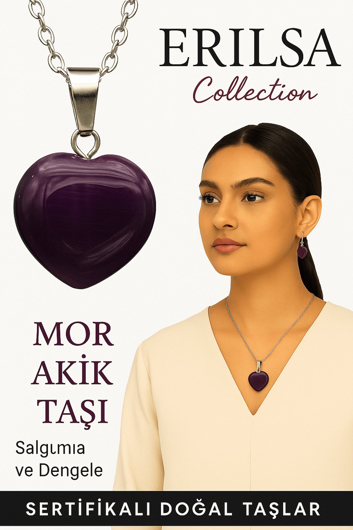 Sertifikalı Kalp Model Mor Akik Taşı Kolye – Huzur Verir, Negatif Enerjiyi Dönüştürür