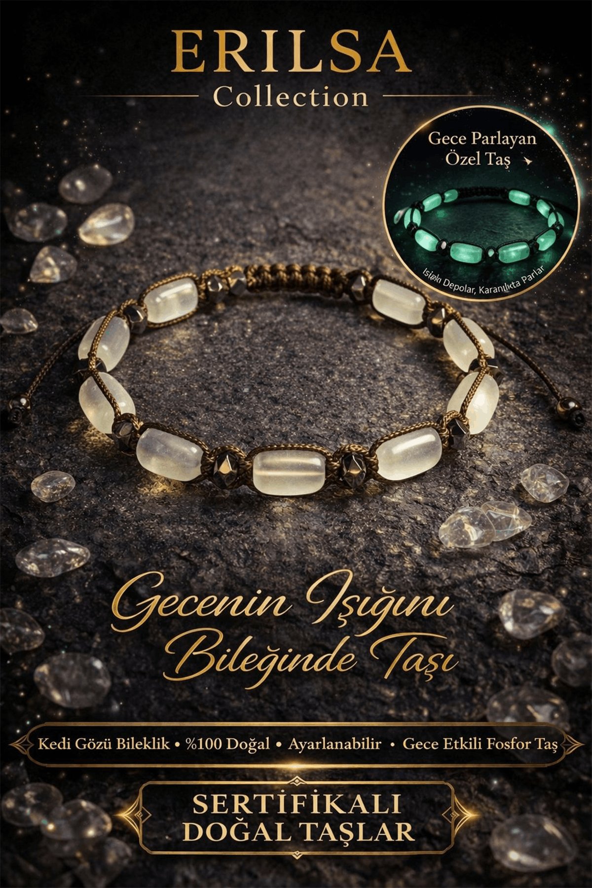 Sertifikalı Kedi Gözü Bileklik - 10mm Kapsül Fosforlu Gece Parlayan Akrilik Kehribar Ayarlanabilir