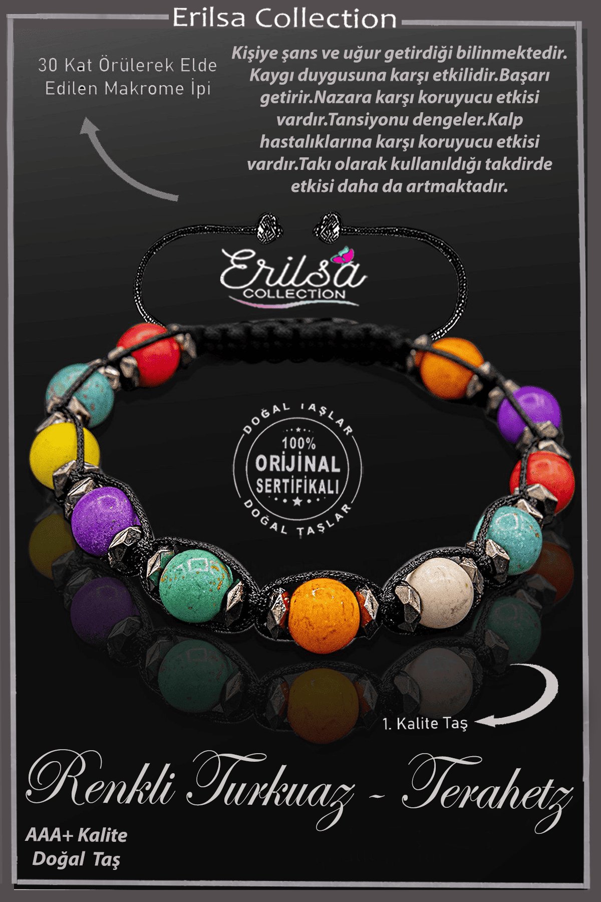 Sertifikalı Terahertz - Multicolor Renkli Turkuaz Taşı Bileklik - Ayarlamalı