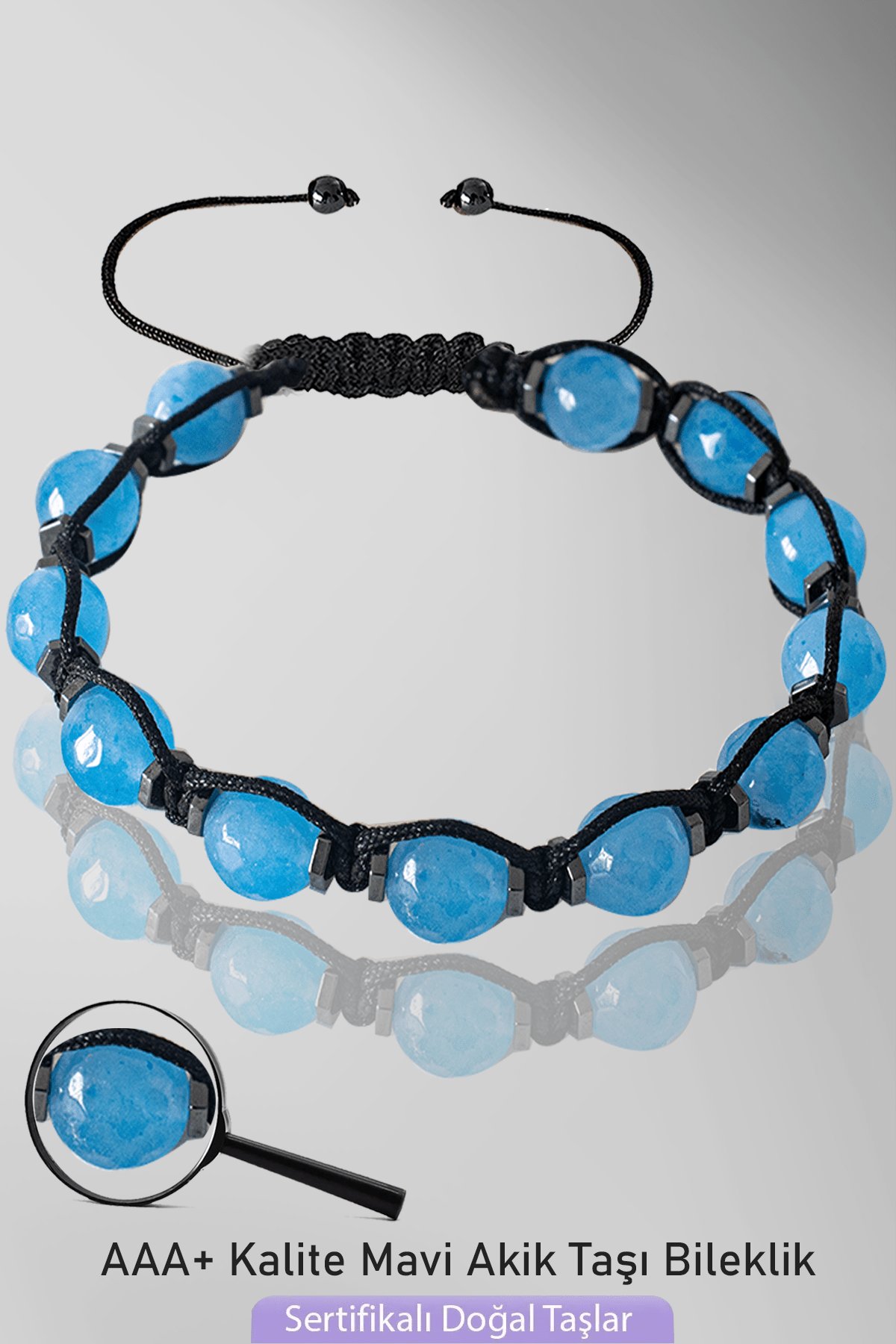Sertifikalı Makrome Doğal Fasetli Mavi Akik Taşı Bileklik - Ayarlamalı