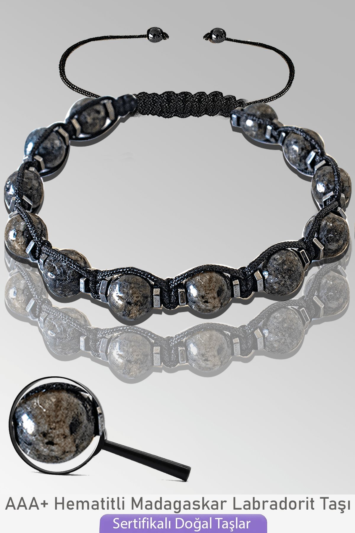 Sertifikalı Makrome Madagaskar Labradorit Taşı Bileklik - Ayarlamalı
