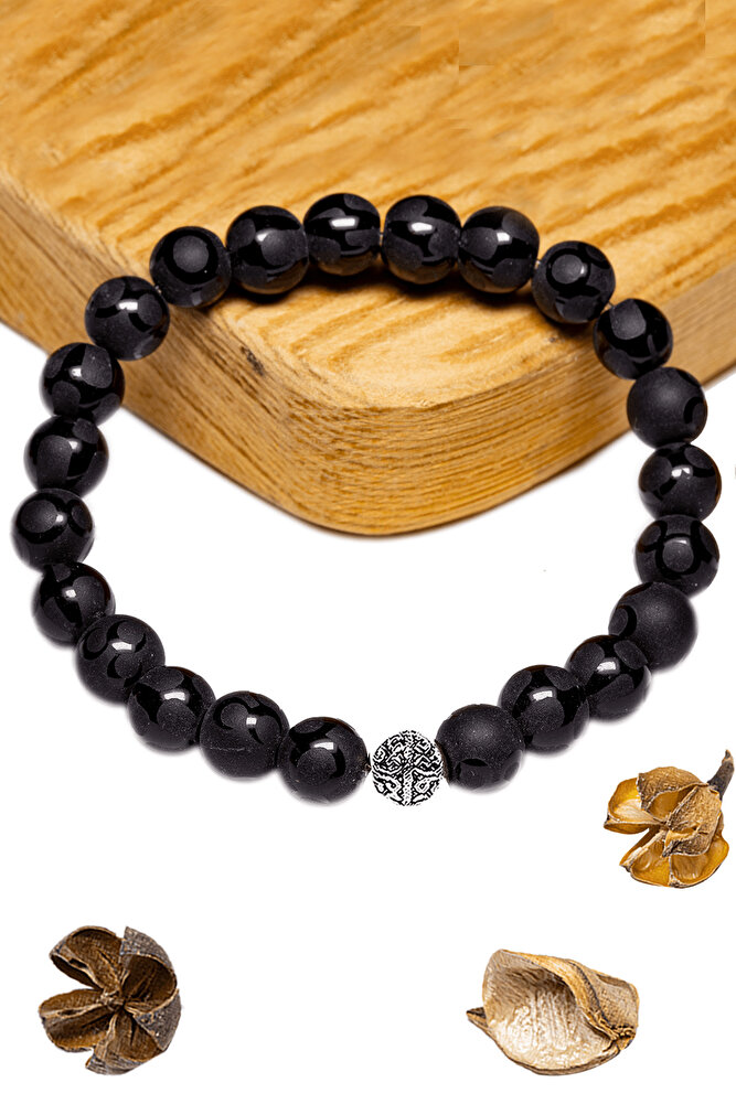 Sertifikalı Üç Hilal Mix Desenli Hakiki Oniks Taşı Bileklik - Gümüş Aparatlı